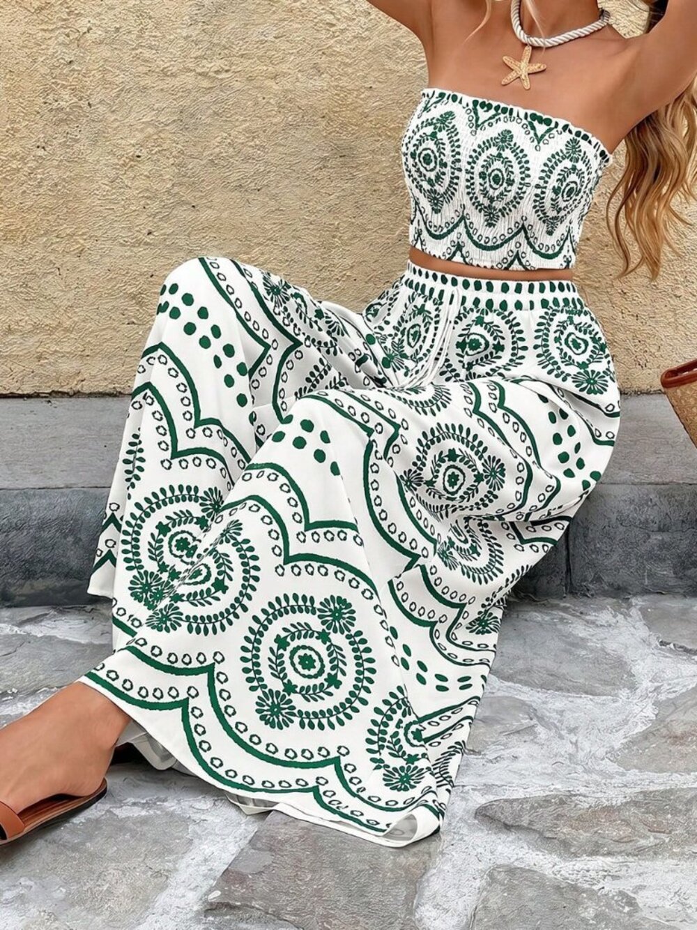 Green Boho Women's Full Print Bandeau Top And Wide Leg Pants Casual Set - Picture 3 of 7